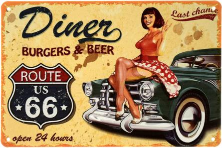 Бургери І Пиво / Burgers & Beer (Route Us 66) (ms-001009) Металева табличка - 20x30см