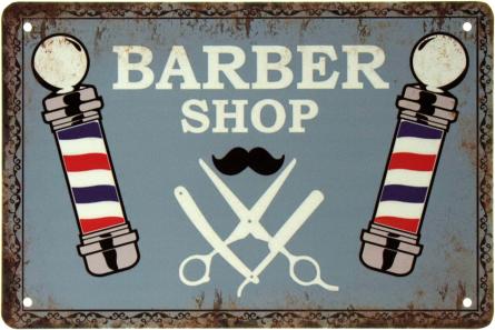 Барбершоп (Синий Фон) / Barber Shop (ms-002504) Металлическая табличка - 20x30см