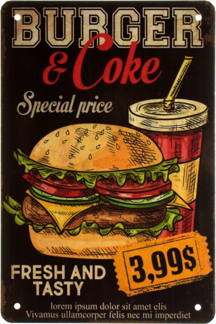 Бургер І Кока (Спеціальна Ціна) / Burger & Coke (Special Price) (ms-003168) Металева табличка - 20x30см