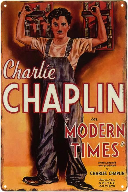 Чарли Чаплин "Новые Времена" / Charlie Chaplin "Modern Times" (ms-002172) Металлическая табличка - 20x30см