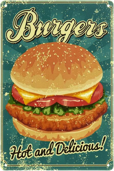 Бургеры - Горячие И Вкусные! / Burgers - Hot and Delicious! (ms-104455) Металлическая табличка - 20x30см
