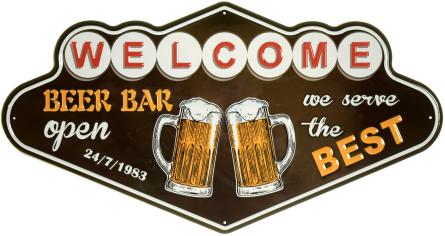 Добро Пожаловать (Пивной Бар Открытый Круглосуточно С 1983 года. Мы Подаем Лучшее) / Welcome. Beer Bar Open 24/7/1983. We Serve The Best (ms-104189) Металлическая табличка - 26х49см