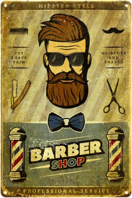 Барбершоп (Гипстер Стиль) / Barbershop (Hipster Style) (ms-104385) Металлическая табличка - 20x30см