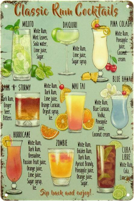 Классические Коктейли С Ромом / Classic Rum Cocktails (ms-104031) Металлическая табличка - 20x30см