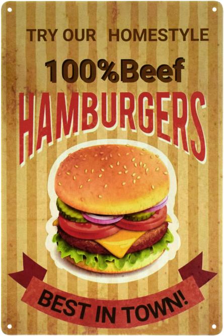 Гамбургер / Hamburgers (100% Beef) (ms-103479) Металлическая табличка - 20x30см