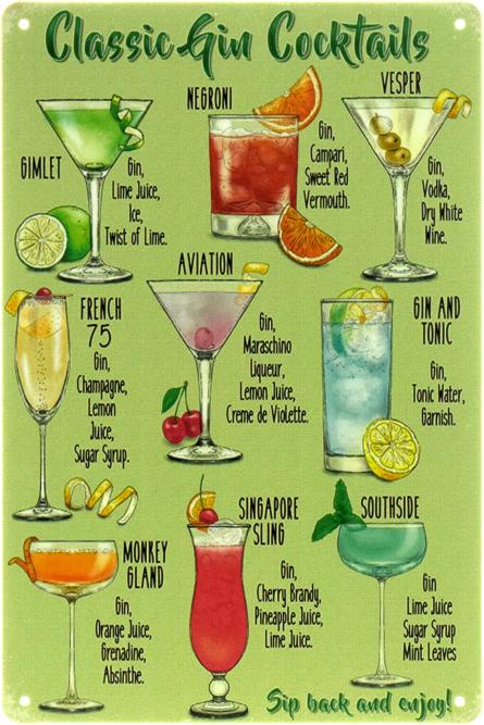 Classic Gin Cocktails (ms-104514) Металлическая табличка - 20x30см
