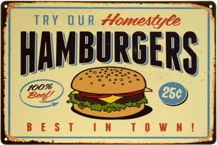 Гамбургеры (Лучшие В Городе) / Hamburgers (Best In Town) (ms-001983) Металлическая табличка - 20x30см