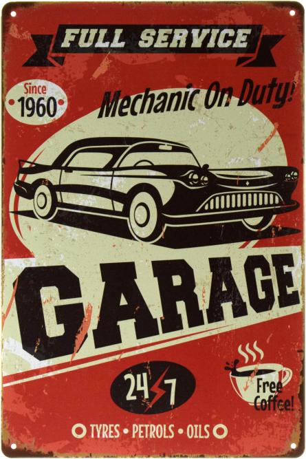 Гараж (Шины, Бензин, Масла) / Garage (Tyres, Petrols, Oils) (ms-002324) Металлическая табличка - 20x30см