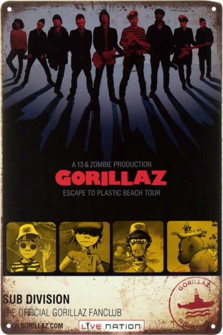 Gorillaz (A 13 & Zombie Production Gorillaz Escape To Plastic Tour) (ms-002755) Металева табличка - 20x30см