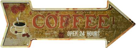 Кофе / Coffee (Open 24 Hours) (ms-001582) Металлическая табличка - 16x45см