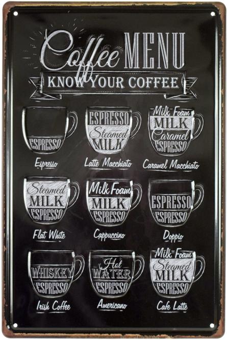Кофе Меню, Знай Свой Кофе / Coffee Menu. Know Your Coffee (ms-001535) Металлическая табличка - 20x30см