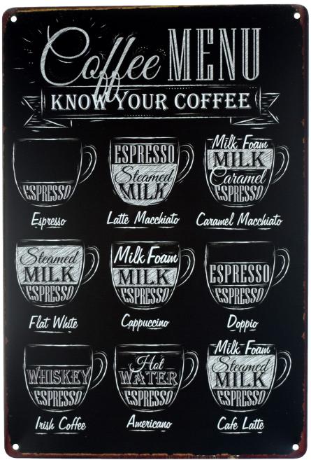 Кофе Меню, Знай Свой Кофе / Coffee Menu. Know Your Coffee (ms-00381) Металлическая табличка - 20x30см