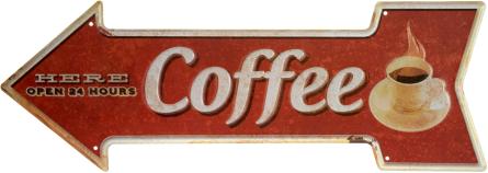 Кава (Тут Відкрито 24 Години) / Coffee (Here Open 24 Hours) (ms-002002) Металева табличка - 16x45см