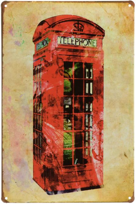 Красная Телефонная Будка (Арт) / Red Telephone Box (ms-00663) Металлическая табличка - 20x30см