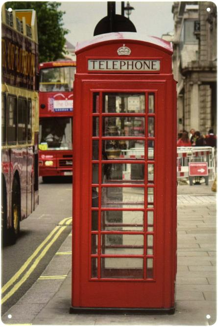 Красная Телефонная Будка / Red Telephone Box (ms-001380) Металлическая табличка - 20x30см