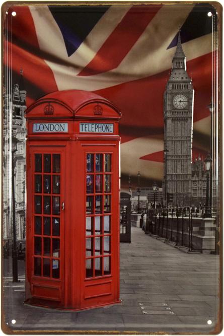 Лондон (Телефонна Будка) (ms-002345) Металева табличка - 20x30см