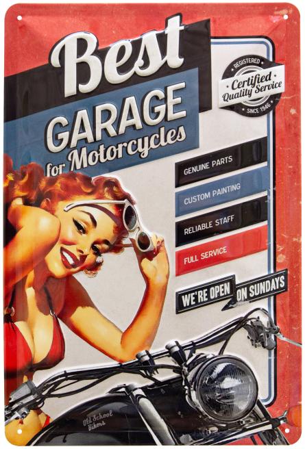 Лучший Гараж Для Мотоциклов (Мы Открыты По Воскресеньям) / Best Garage For Motorcycles (We're Open On Sundays) (ms-002080) Металлическая табличка - 20x30см