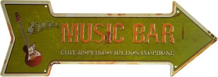 Музыкальный Бар (Гитара - Фортепиано - Скрипка - Саксофон) / Music Bar (Guitar - Piano - Violin - Saxophone) (ms-001995) Металлическая табличка - 16x45см