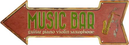 Музичний Бар Червоний Фон (Гітара - Фортепіано - Скрипка - Саксофон) / Music Bar (Guitar - Piano - Violin - Saxophone) (ms-002000) Металева табличка - 16x45см