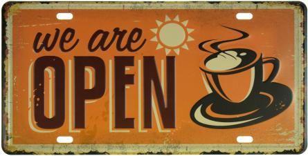 Мы Открыты (Кофе) / We Are Open (Coffee) (ms-001198) Металлическая табличка - 15x30см