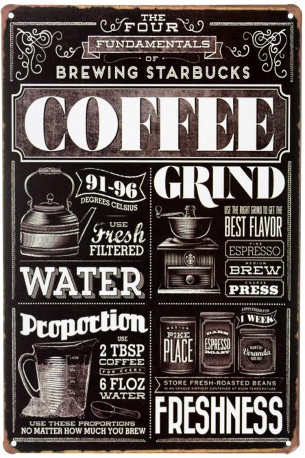 Основы Варки Кофе Старбакс / The Four Fundamentals of Brewing Starbacks Coffee (ms-00894) Металлическая табличка - 20x30см