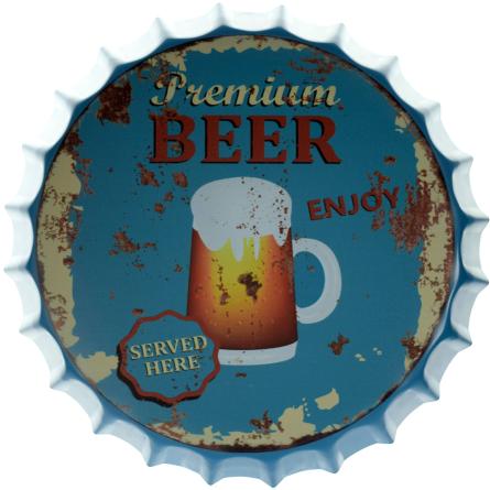 Премиум Пиво Подаётся Здесь, Наслаждайтесь / Premium Beer Served Here Enjoy (ms-001694) Металлическая табличка - 35см (кришка)