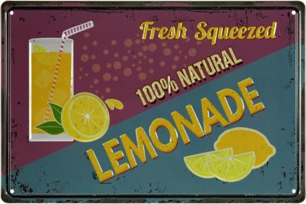 Свежевыжатый Лимонад, Натуральный На 100% / Fresh Squeezed Lemonade 100% Natural (ms-001810) Металлическая табличка - 20x30см