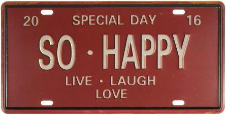 Так Счастлив – Живу, Смеюсь, Люблю / So Happy Live Laugh Love (ms-001169) Металлическая табличка - 15x30см