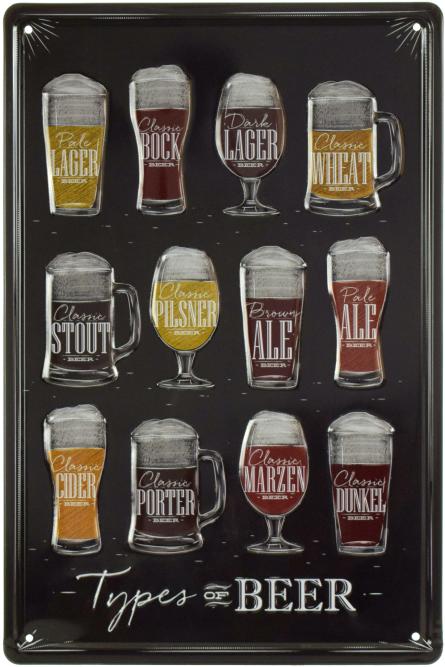 Типы Пива / Types Of Beer (ms-001316) Металлическая табличка - 20x30см