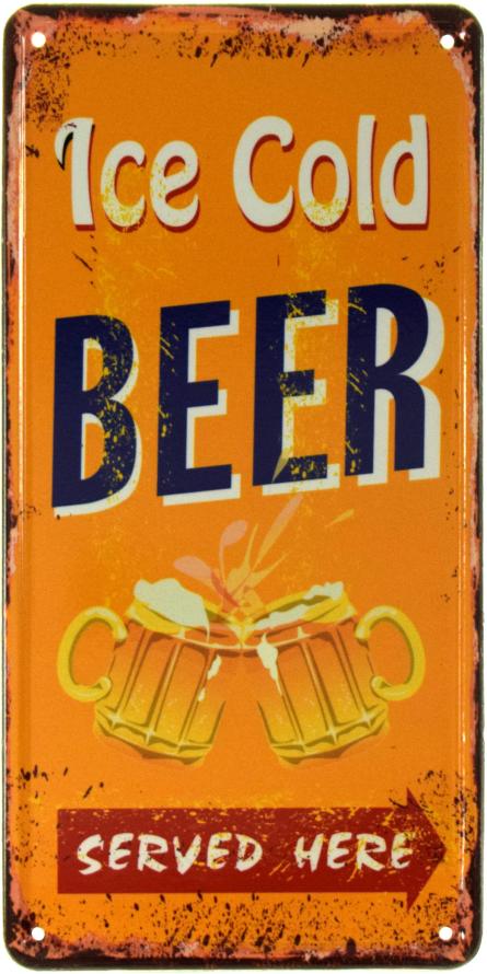Здесь Подают Ледяное Пиво (Оранжевый Фон) / Ice Cold Beer Served Here (ms-002542) Металлическая табличка - 15x30см